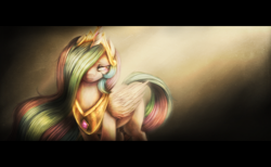 Size: 1300x800 | Tagged: safe, artist:ventious, princess celestia, alicorn, pony, crepuscular rays, hair over one eye, lidded eyes, smiling, solo