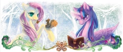 Size: 1572x668 | Tagged: safe, artist:tzulin520, derpibooru import, fluttershy, twilight sparkle, twilight sparkle (alicorn), alicorn, butterfly, pegasus, pony, squirrel, book, female, magic, mare, reading