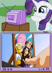 Size: 565x800 | Tagged: safe, rarity, pony, unicorn, dragon ball gt, exploitable meme, hercule, implied death, majin buu, mark, meme, mr. satan, obligatory pony, photo, sad, tv meme