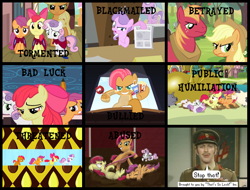 Size: 804x612 | Tagged: safe, artist:belpheles, edit, edited screencap, screencap, apple bloom, applejack, babs seed, big macintosh, diamond tiara, scootaloo, sweetie belle, earth pony, pony, one bad apple, ponyville confidential, abuse, applebuse, betrayal, blackmail, colonel, comic, crusadabuse, cutie mark crusaders, graham chapman, male, monty python, scootabuse, song in the comments, stallion, sweetiebuse, the colonel, totally lashed