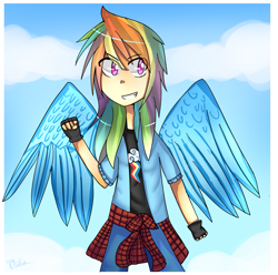 Size: 1209x1200 | Tagged: safe, artist:mika-chan404, derpibooru import, rainbow dash, human, humanized, solo, winged humanization