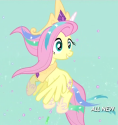 Size: 362x383 | Tagged: safe, screencap, fluttershy, pegasus, pony, testing testing 1-2-3, celestia costume, celestia's crown, clothes, costume, cropped, crown, fake horn, female, flying, grin, jewelry, mare, peytral, regalia, shylestia, smiling, solo