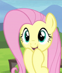 Size: 296x350 | Tagged: safe, screencap, fluttershy, pegasus, pony, testing testing 1-2-3, animated, cute, grin, shyabetes, smiling, solo