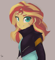 Size: 814x886 | Tagged: safe, artist:ehfa, sunset shimmer, human, equestria girls, clothes, cute, female, gray background, grin, jacket, looking at you, looking back, raised eyebrow, shimmerbetes, simple background, smiling, solo
