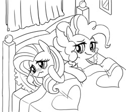 Size: 872x774 | Tagged: safe, artist:dyql11, fluttershy, pinkie pie, earth pony, pegasus, pony, bed, crying, female, flutterpie, lesbian, monochrome, pixiv, ruined for marriage, shipping