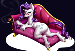 Size: 2621x1813 | Tagged: safe, artist:gun-modoki, rarity, pony, unicorn, cigarette, cigarette holder, fainting couch, glasses, pixiv, smoking, solo, underhoof