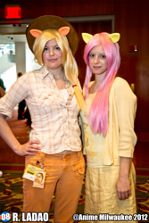 Size: 3456x5184 | Tagged: safe, artist:pepperbots, artist:risana cosplay, applejack, fluttershy, human, anime milwaukee, anime milwaukee 2012, clothes, convention, cosplay, irl, irl human, photo, sweater, sweatershy