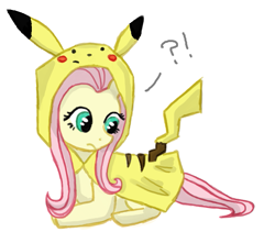 Size: 667x564 | Tagged: safe, artist:iemikas, fluttershy, pegasus, pikachu, pony, clothes, costume, pokémon, solo