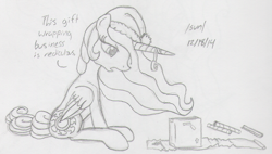 Size: 1150x654 | Tagged: safe, artist:slash-sun-slash, princess celestia, alicorn, pony, celestiadoodle, dialogue, hat, monochrome, santa hat, sitting, solo, tape, traditional art, wrapping, wrapping paper