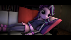 Size: 1280x720 | Tagged: safe, artist:imafutureguitarhero, starlight glimmer, anthro, unguligrade anthro, unicorn, 3d, adidas, clothes, ear piercing, earring, female, food, hand on belly, hoodie, i'm at soup, iphone, jacket, jewelry, lamp, mare, phone, piercing, ring, shirt, soup, source filmmaker, thumbnail, tracksuit, youtube link