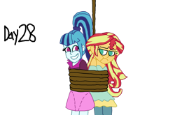 Size: 1101x726 | Tagged: safe, artist:bigpurplemuppet99, sonata dusk, sunset shimmer, equestria girls, female, lesbian, shipping, simple background, sunata, tied up, transparent background, unamused