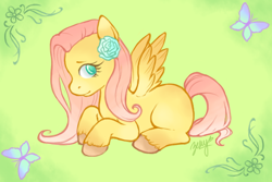 Size: 576x384 | Tagged: safe, artist:zestytrolls, fluttershy, pegasus, pony, female, mare, pink mane, solo, yellow coat