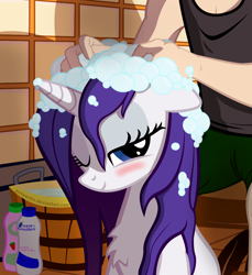 Size: 1100x1200 | Tagged: safe, artist:ponyecho, rarity, oc, oc:anon, human, pony, unicorn, bath, bathing, bedroom eyes, blushing, bubble, bust, chest fluff, cropped, cute, female, floppy ears, fluffy, human on pony action, interspecies, looking at you, mare, ponyecho is trying to murder us, portrait, raribetes, shampoo, show accurate, smiling, soap, washing, washing hair, wet, wet mane, wet mane rarity, wink