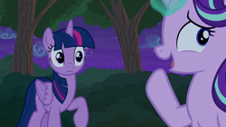 Size: 1280x720 | Tagged: safe, screencap, starlight glimmer, thorax, twilight sparkle, twilight sparkle (alicorn), alicorn, changeling, pony, unicorn, to where and back again, bush, disguise, disguised changeling, duo, female, glowing horn, male, night, raised hoof, stars, tree