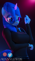 Size: 1123x1920 | Tagged: safe, artist:rinny, oc, oc only, oc:lovebrew, anthro, unicorn, 3d, blender, clothes, eyeshadow, female, glasses, glowing horn, horn, lipstick, long nails, looking at you, makeup, nail polish, smiling, solo, sweater, trans girl, transgender, turtleneck, unicorn oc