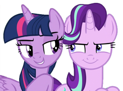 Size: 966x720 | Tagged: safe, edit, edited screencap, screencap, starlight glimmer, twilight sparkle, twilight sparkle (alicorn), alicorn, pony, unicorn, a matter of principals, shadow play, background removed, bedroom eyes, duo, duo female, evil grin, female, grin, lidded eyes, looking at each other, mare, not a vector, simple background, smiling, smirk, smug, smuglight glimmer, transparent background