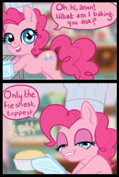 Size: 497x741 | Tagged: safe, artist:mcponyponypony, pinkie pie, earth pony, pony, baking, baking cake, faic, food, kek, lidded eyes, meme, solo, topkek