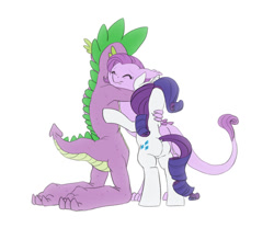 Size: 1170x975 | Tagged: safe, artist:carnifex, rarity, spike, oc, oc:lavender, dracony, dragon, hybrid, pony, unicorn, daughter, family, father, female, heartwarming, hug, interspecies offspring, male, mother, offspring, parent:rarity, parent:spike, parents:sparity, plot, shipping, simple background, sparity, straight, white background