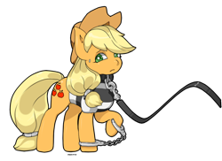 Size: 1024x745 | Tagged: safe, artist:choco-cocco, applejack, earth pony, pony, clothes, collar, cuffs, leash, prison outfit, prison stripes, sad, shackles, simple background, solo, tailcuff