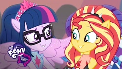 Size: 1280x720 | Tagged: safe, screencap, rarity, sci-twi, sunset shimmer, twilight sparkle, equestria girls, equestria girls series, forgotten friendship, clothes, duo, equestria girls logo, glasses, looking at each other, ponied up, scitwilicorn, shipping fuel, smiling, wings