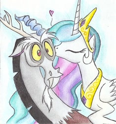 Size: 693x738 | Tagged: safe, artist:islamilenaria, discord, princess celestia, alicorn, pony, confused, dislestia, eyes closed, female, heart, kiss on the cheek, kissing, male, one sided shipping, shipping, straight, traditional art, wide eyes