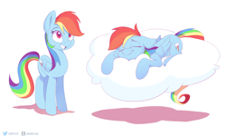 Size: 2952x1772 | Tagged: safe, artist:elstiv, derpibooru import, rainbow dash, pegasus, pony, cloud, cute, dashabetes, female, mare, sleeping, solo