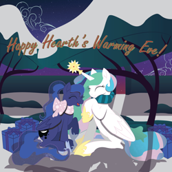 Size: 1600x1600 | Tagged: safe, artist:dr-whiskey, princess celestia, princess luna, alicorn, pony, bow, clothes, eyes closed, hearth's warming, laughing, night, present, raised hoof, scarf, sitting, snow