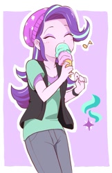 Size: 558x859 | Tagged: safe, artist:natagara, starlight glimmer, equestria girls, mirror magic, spoiler:eqg specials, beanie, clothes, cute, eyes closed, female, food, glimmerbetes, hat, ice cream, jeans, music notes, pants, shirt, solo, that human sure does love ice cream