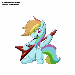 Size: 3543x3543 | Tagged: safe, artist:elstiv, derpibooru import, rainbow dash, pegasus, pony, female, guitar, mare, simple background, solo, white background