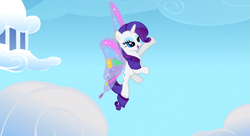 Size: 1099x597 | Tagged: safe, screencap, rarity, pony, unicorn, sonic rainboom (episode), solo, wings