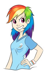 Size: 591x960 | Tagged: safe, artist:elstiv, derpibooru import, rainbow dash, human, clothes, female, humanized, looking at you, simple background, solo, white background