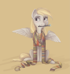 Size: 981x1026 | Tagged: safe, artist:erinsi, derpy hooves, pegasus, pony, clothes, doctor derpy, doctor who, female, fourth doctor's scarf, looking away, mare, mouth hold, scarf, simple background, solo, sonic screwdriver