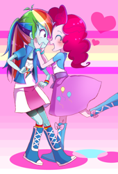 Size: 600x884 | Tagged: safe, artist:weiliy, derpibooru import, pinkie pie, rainbow dash, equestria girls, boots, bracelet, clothes, female, heart, high heel boots, jewelry, lesbian, pinkiedash, pixiv, ponytail, shipping, skirt, socks