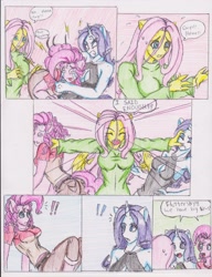 Size: 2550x3327 | Tagged: safe, artist:zoarenso, fluttershy, pinkie pie, rarity, anthro, comic:innocent sin, comic, referee fluttershy, traditional art