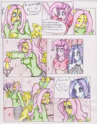 Size: 1275x1630 | Tagged: safe, artist:zoarenso, fluttershy, pinkie pie, rarity, anthro, comic:innocent sin, comic, traditional art