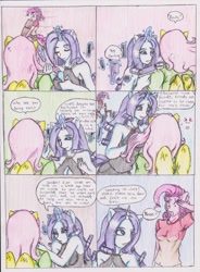 Size: 1184x1606 | Tagged: safe, artist:zoarenso, fluttershy, pinkie pie, rarity, anthro, comic:innocent sin, comic, japanese, salute, traditional art