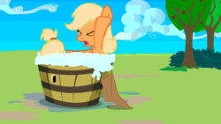 Size: 800x450 | Tagged: safe, artist:themightyshizam, applejack, earth pony, pony, animated, apple, applebrat, barrel, bath, brattyjack, bubble, cloud, cloudy, cute, eyes closed, filly, jackabetes, open mouth, outdoors, silly, silly pony, solo, tantrum, tree, who's a silly pony, yelling
