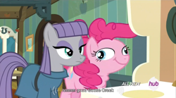 Size: 640x355 | Tagged: safe, screencap, maud pie, pinkie pie, earth pony, pony, maud pie (episode), :t, derp, didney worl, female, great moments in animation, hub logo, mare, meme, smear frame, smiling, youtube caption