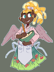 Size: 907x1200 | Tagged: safe, artist:stevetwisp, derpy hooves, tree hugger, oc, oc:wild flour, human, bowl, clothes, cooking, cute, dark skin, derpyhugger, dreadlocks, dress, fusion, happy, humanized, piercing, solo, spoon, winged humanization