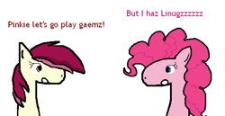 Size: 528x272 | Tagged: safe, artist:katsu, pinkie pie, roseluck, earth pony, pony, dialogue, linux