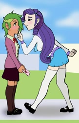 Size: 800x1236 | Tagged: safe, artist:bico-kun, barb, rarity, spike, human, barity, clothes, female, humanized, lesbian, rule 63, schoolgirl, senpai, shipping, sparity