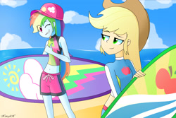 Size: 3774x2523 | Tagged: safe, artist:xan-gelx, derpibooru import, applejack, rainbow dash, better together, blue crushed, equestria girls, beach, clothes, cowboy hat, female, hat, missing accessory, smiling, stetson, surfboard, swimsuit