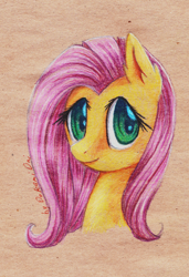 Size: 1852x2701 | Tagged: safe, artist:0okami-0ni, fluttershy, pegasus, pony, bust, looking at you, portrait, smiling, solo, traditional art