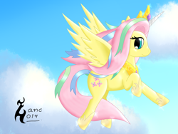 Size: 1000x750 | Tagged: safe, artist:zanclife, fluttershy, alicorn, pegasus, pony, testing testing 1-2-3, celestia costume, celestia's crown, crown, fake horn, female, flying, jewelry, mare, peytral, regalia, shylestia, solo