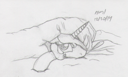 Size: 881x532 | Tagged: safe, artist:slash-sun-slash, princess celestia, alicorn, pony, bed, blanket, celestiadoodle, cute, cutelestia, looking at you, monochrome, solo, traditional art