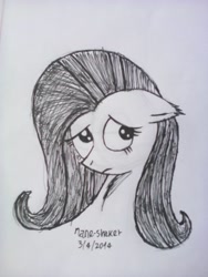 Size: 774x1032 | Tagged: safe, artist:mane-shaker, fluttershy, pegasus, pony, monochrome, solo, traditional art