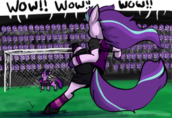 Size: 1280x883 | Tagged: safe, artist:greyscaleart, starlight glimmer, twilight sparkle, pony, unicorn, eyes closed, female, football, mare, meme, multeity, soccer field, sports, starlight cluster, wow! glimmer