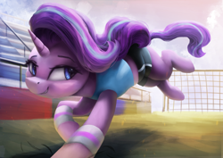 Size: 3600x2550 | Tagged: safe, artist:vanillaghosties, starlight glimmer, pony, unicorn, atg 2018, clothes, female, high res, mare, newbie artist training grounds, running, solo, sports, uniform