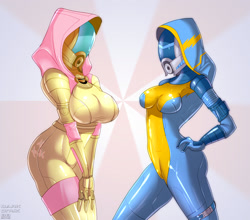 Size: 2227x1959 | Tagged: safe, artist:skyart301, fluttershy, human, bodysuit, breast squeeze, breasts, cosplay, female, hands together, helmet, hootershy, humanized, latex, mass effect, quarian, reference, tight clothing, wonderbolts, wonderbolts uniform