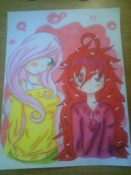 Size: 1200x1600 | Tagged: safe, artist:nozomifujimiya, fluttershy, human, clothes, crossover, flaky, happy tree friends, humanized, off shoulder, traditional art